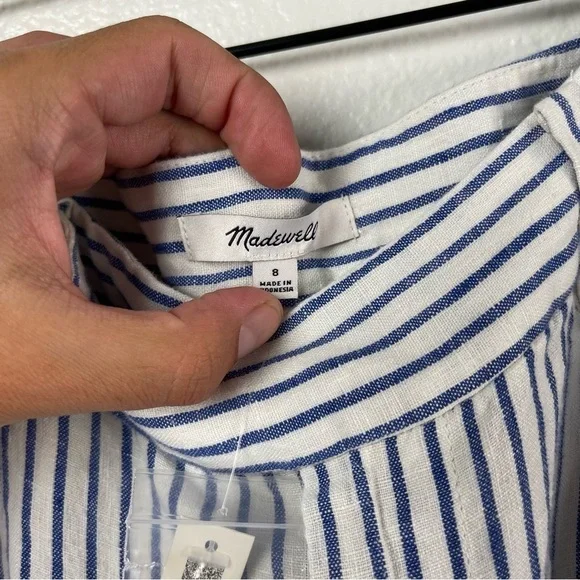 Madewell The Harlow Wide-Leg Pant in 100% Linen White/Blue Stripes Size 8 NWT